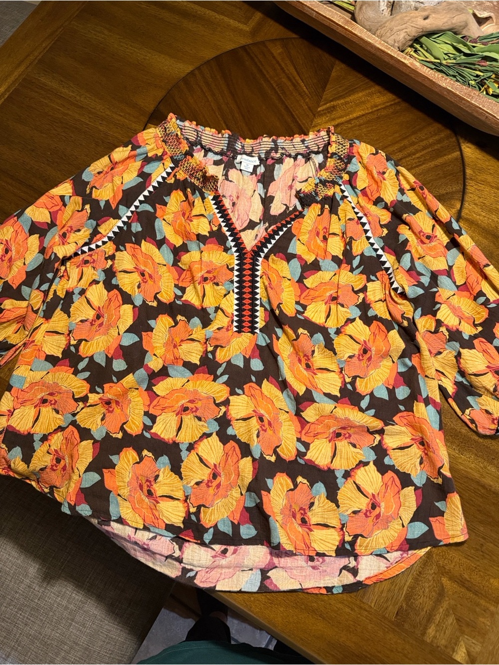 Sundance Floral Peasant Blouse - Orange, Yellow, Brown